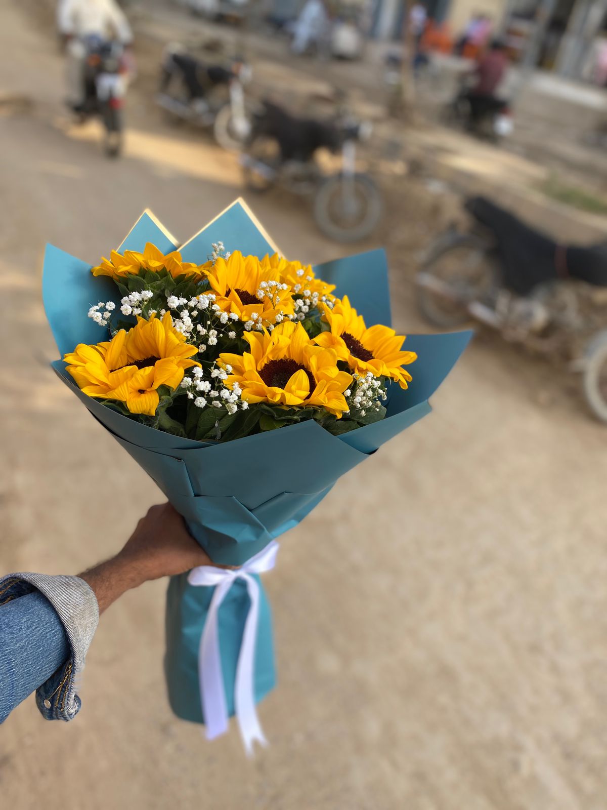 Bright Sunflowers Bouquet in Teal Wrap