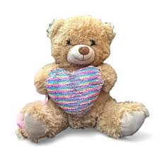 Plush Teddy Bear with Rainbow Sequin Heart, 1.5 Feet