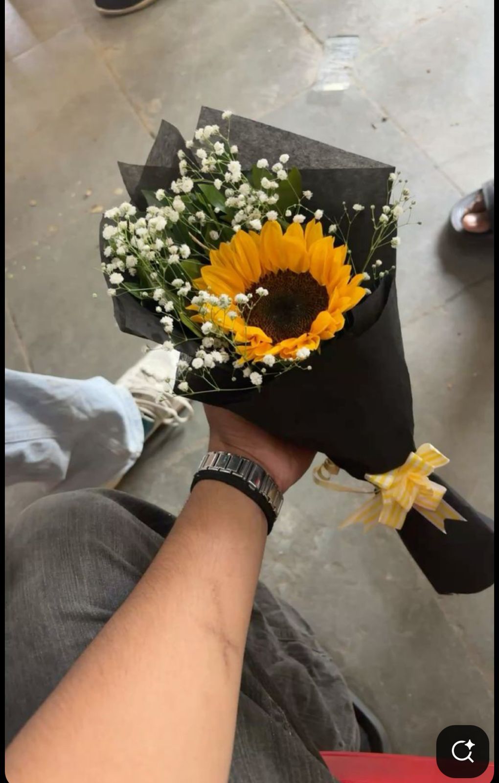 Single Sunflower Mini Bouquet in Black Wrap