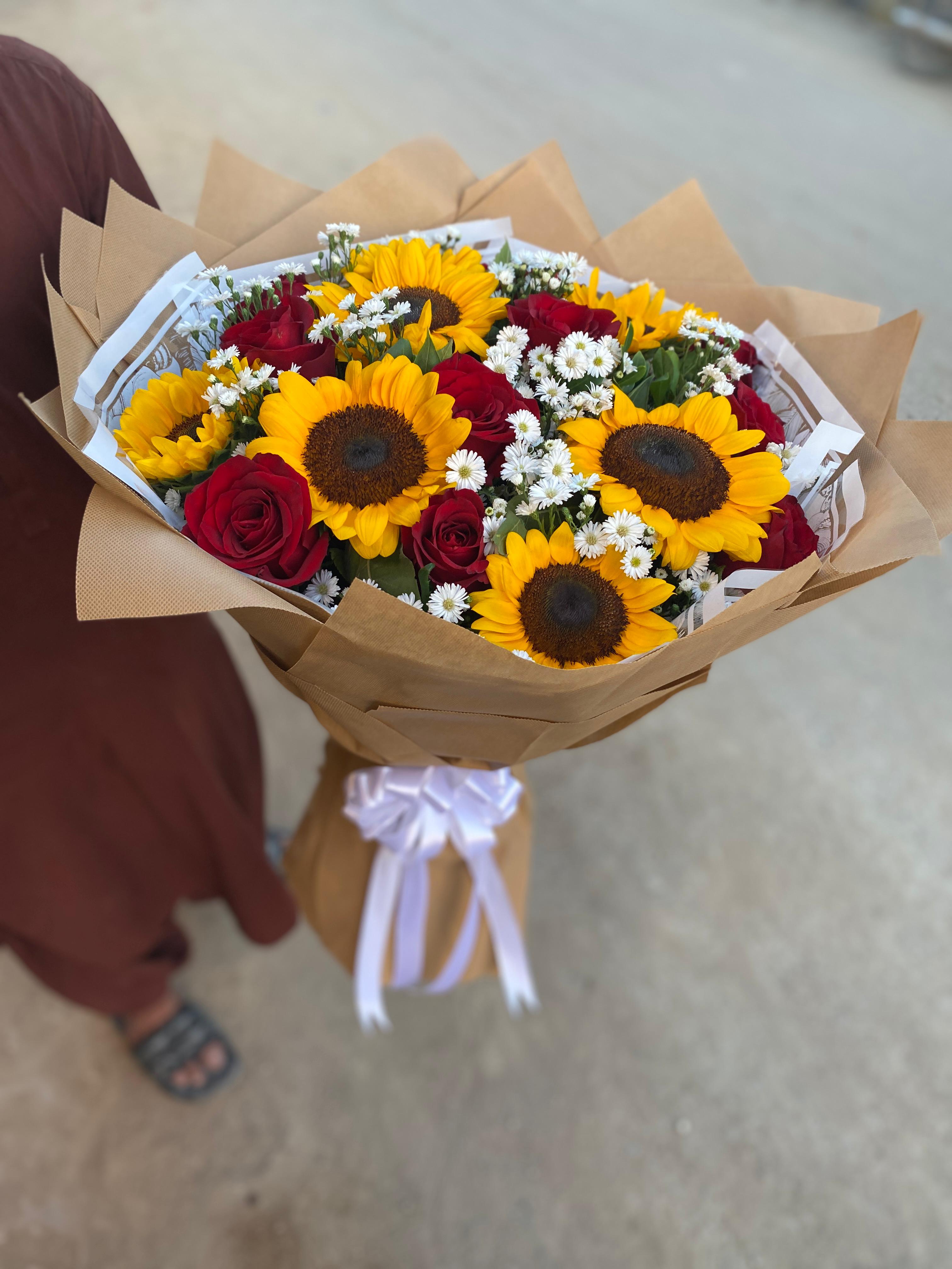 Sunflower and Red Rose Premium Celebration Bouquet