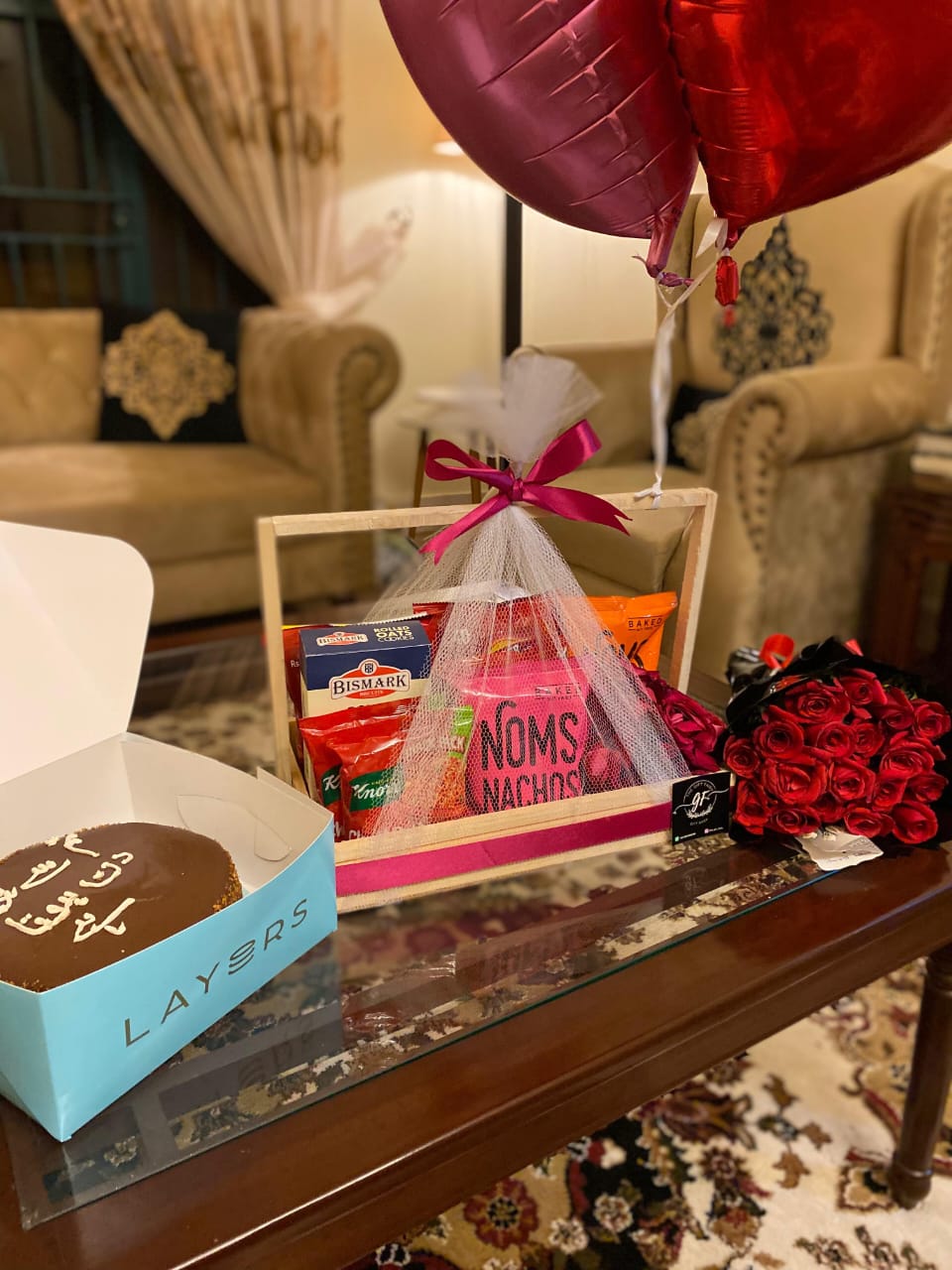 Romantic Snack, Cake and Flower Gift Basket with Balloons