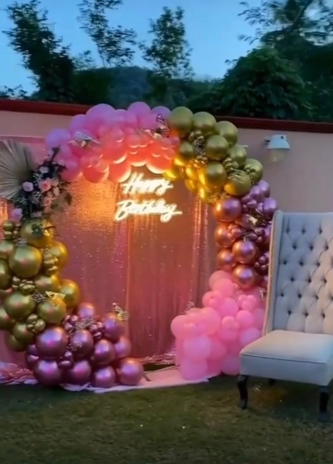 Luxury Birthday Balloon Arch Setup with Neon Sign and Backdrop