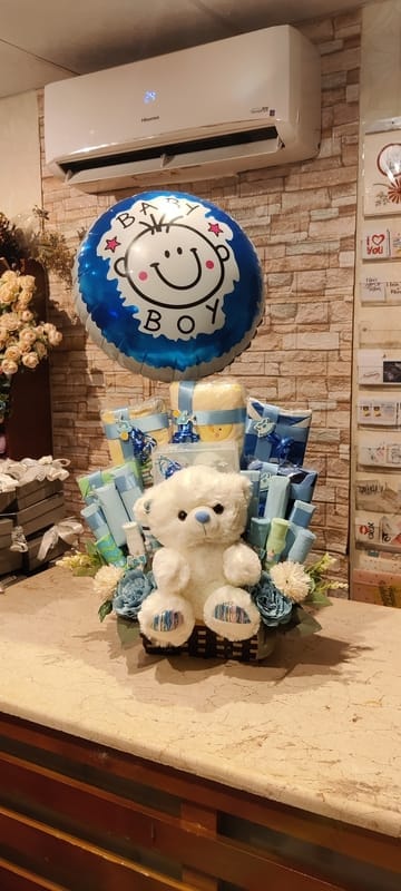 Baby Boy Welcome Gift Basket with Teddy and Balloon
