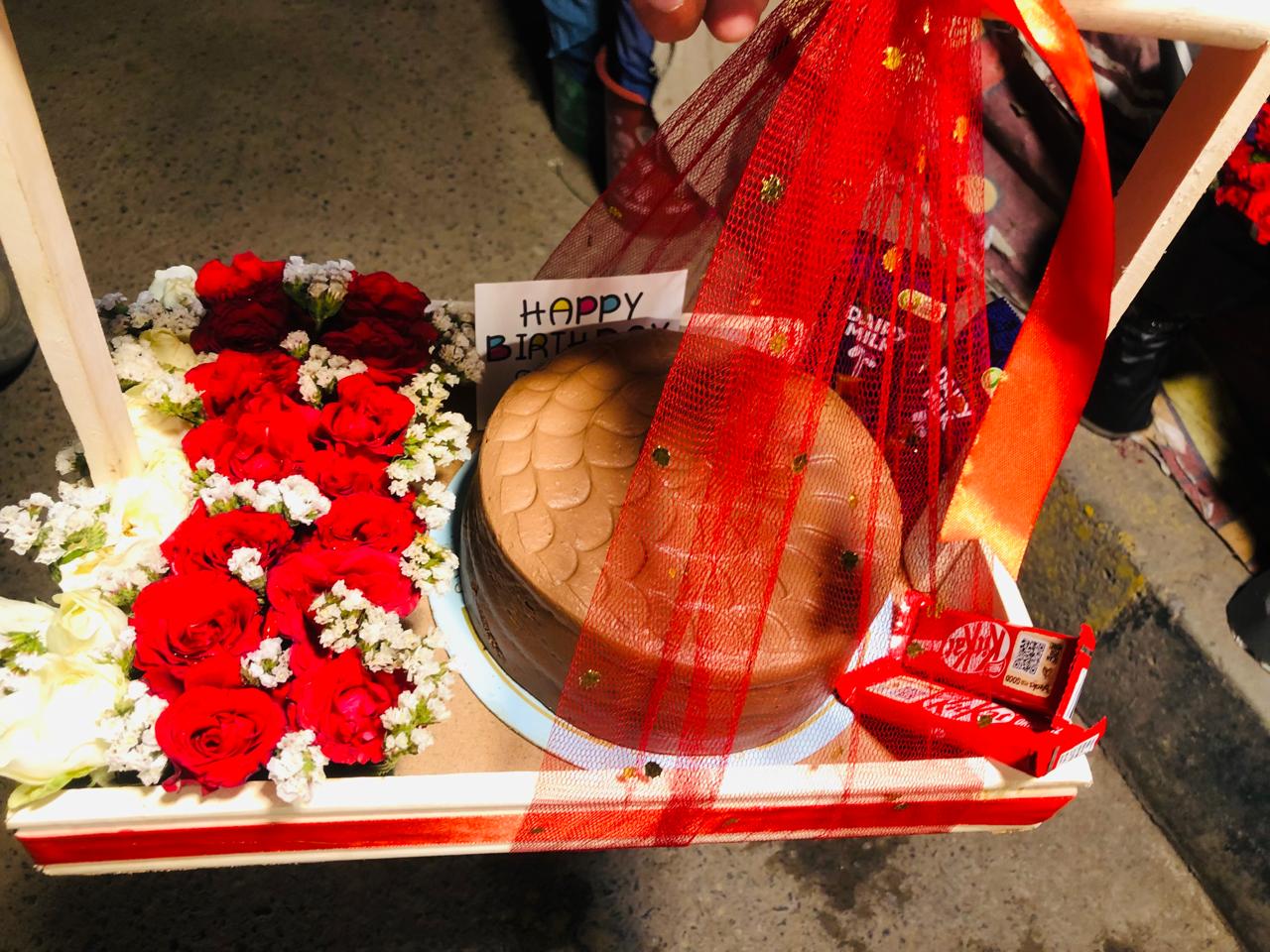 Chocolate Cake and Rose Flower Gift Tray with Chocolates