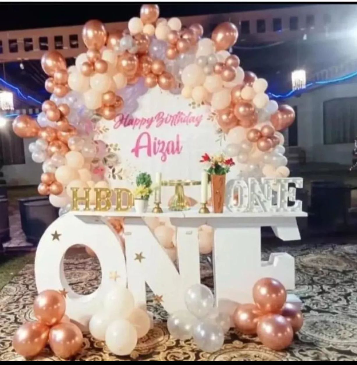 Premium Elegant Birthday Decoration Setup with Balloon Arch and Custom Name