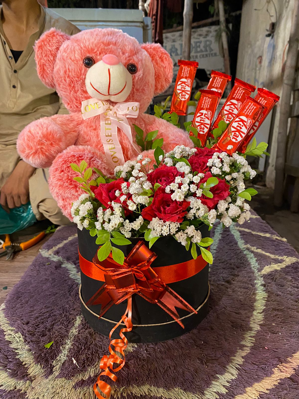 Pink Teddy Rose Box with KitKat Chocolate Bouquet