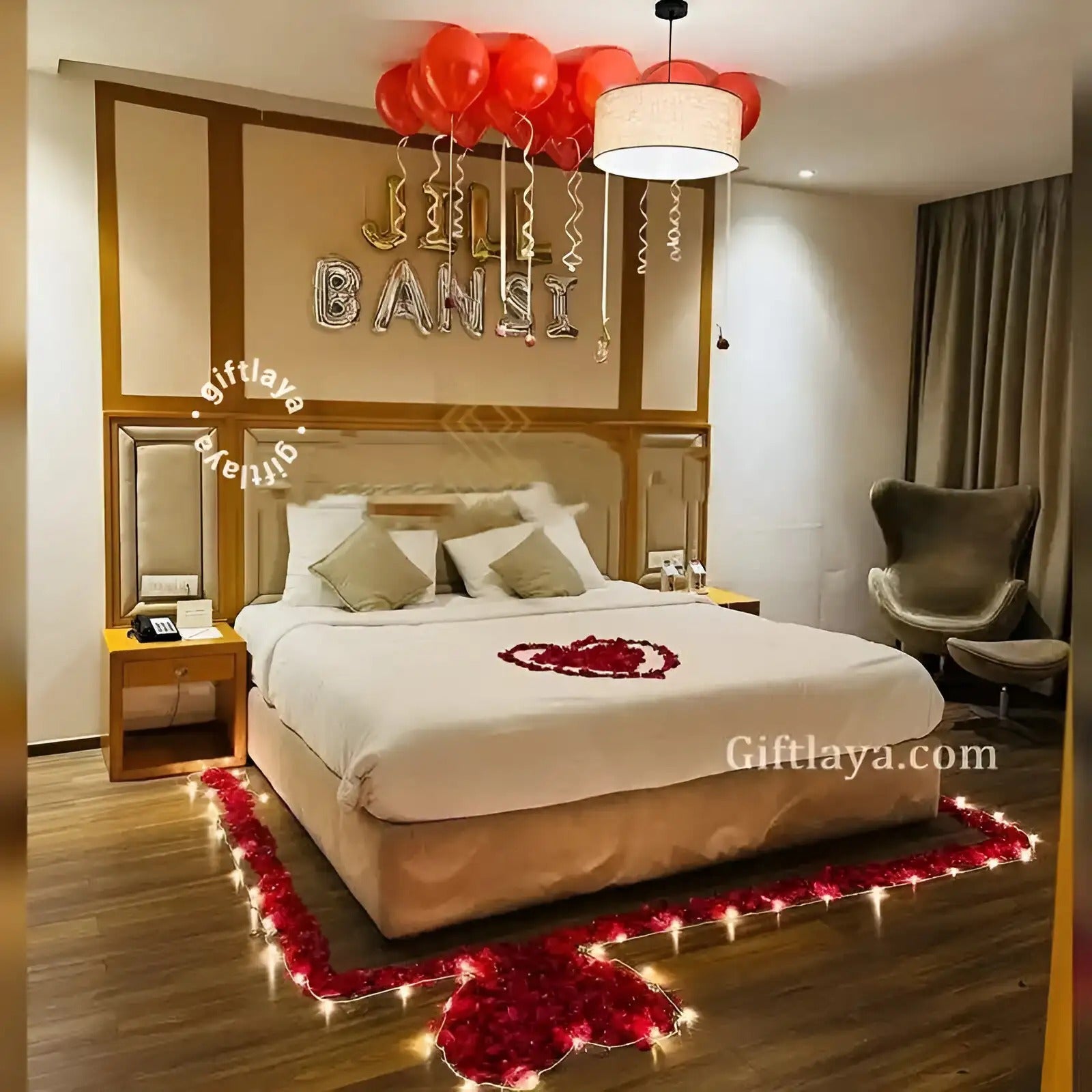 Romantic Bedroom Decoration Setup with Balloons, Roses and Lights
