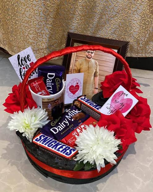 Romantic Chocolate and Photo Gift Basket with Flowers