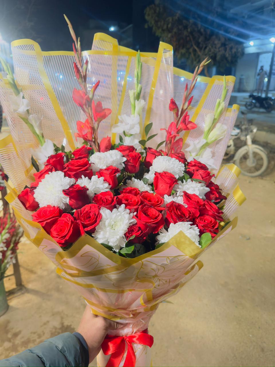 Red Roses and White Chrysanthemum Luxury Bouquet