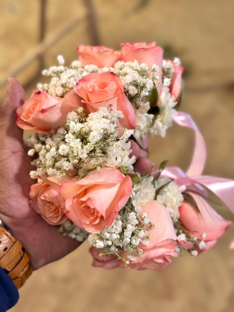 Peach Rose and Baby’s Breath Floral Wrist Corsage