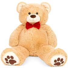 Beige Plush Teddy Bear 2.5 Feet with Red Bow and Paw Design