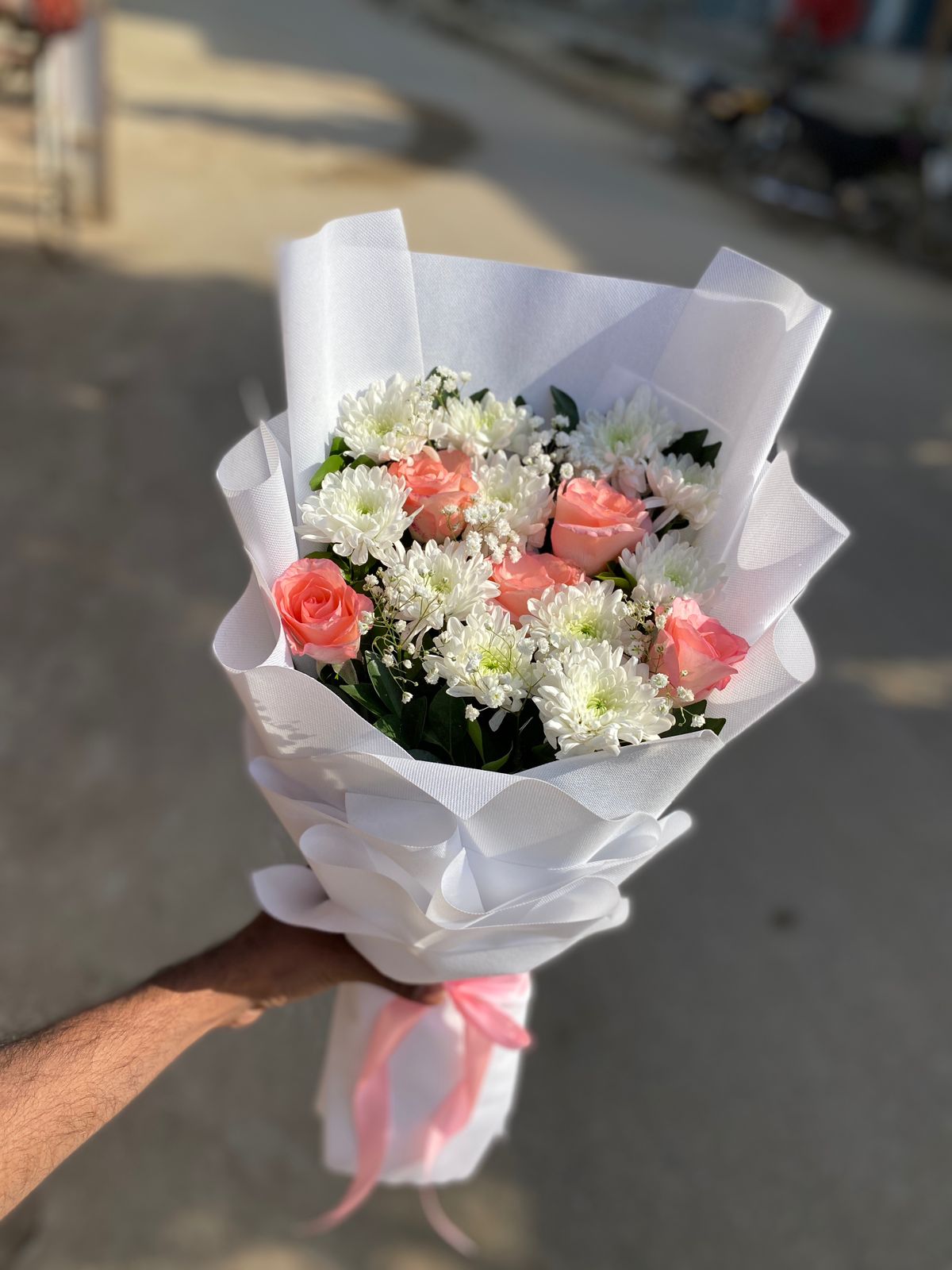 Peach Roses and White Chrysanthemums Sweet Bouquet