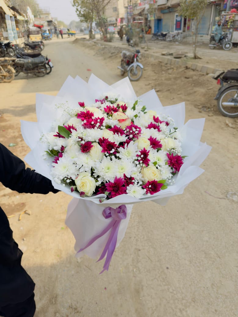 White Roses and Purple Chrysanthemums Bouquet