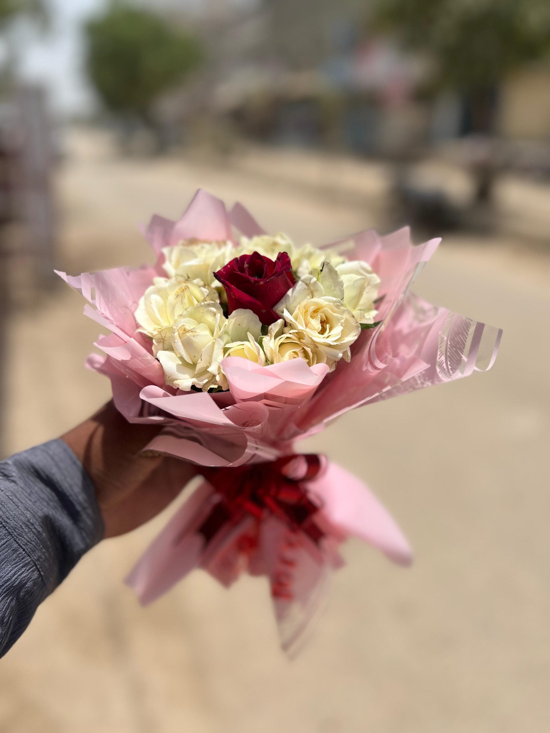 Blush Pink Roses Bouquet with Red Center Rose