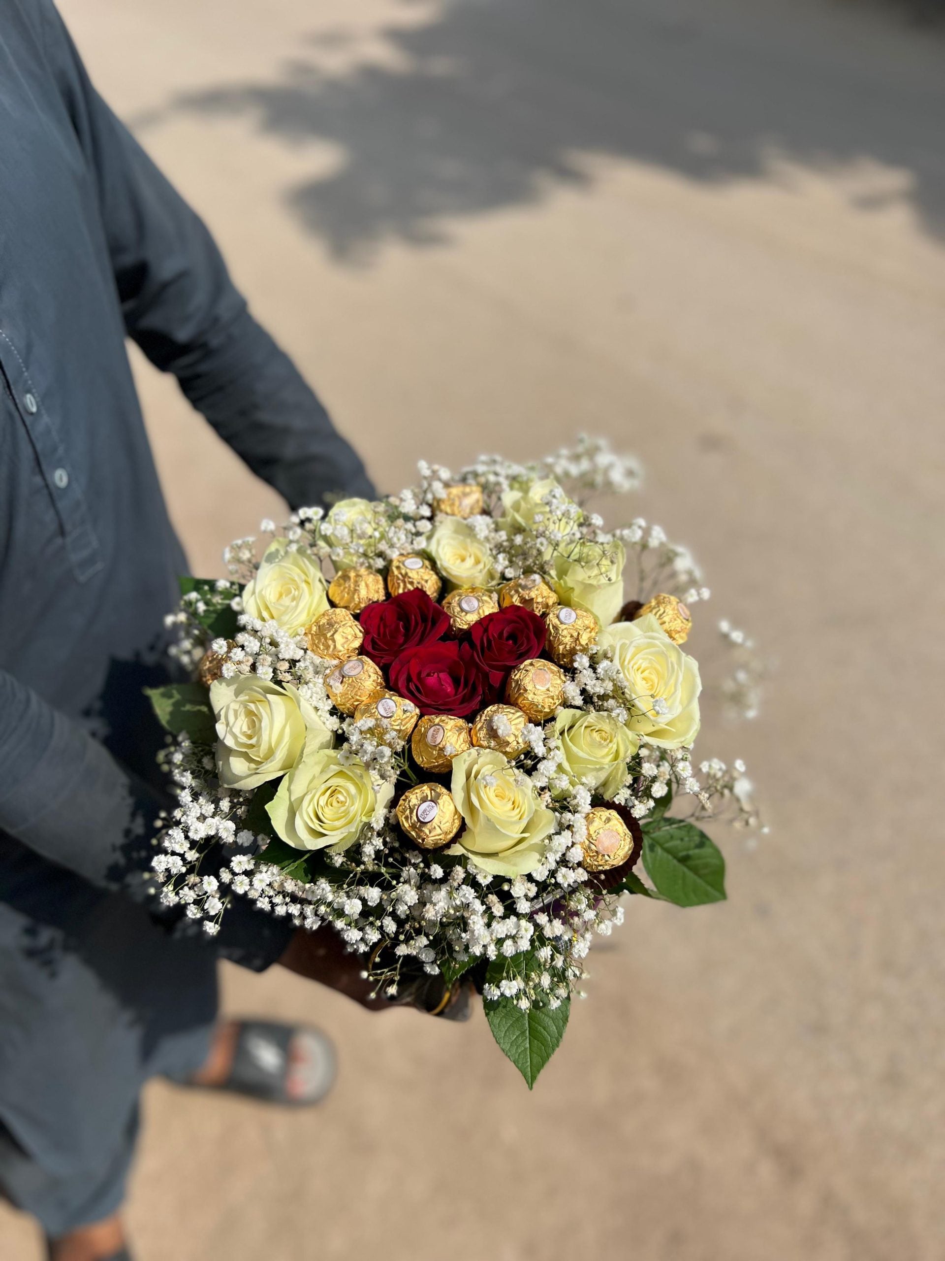 Luxury White & Red Roses Chocolate Bouquet