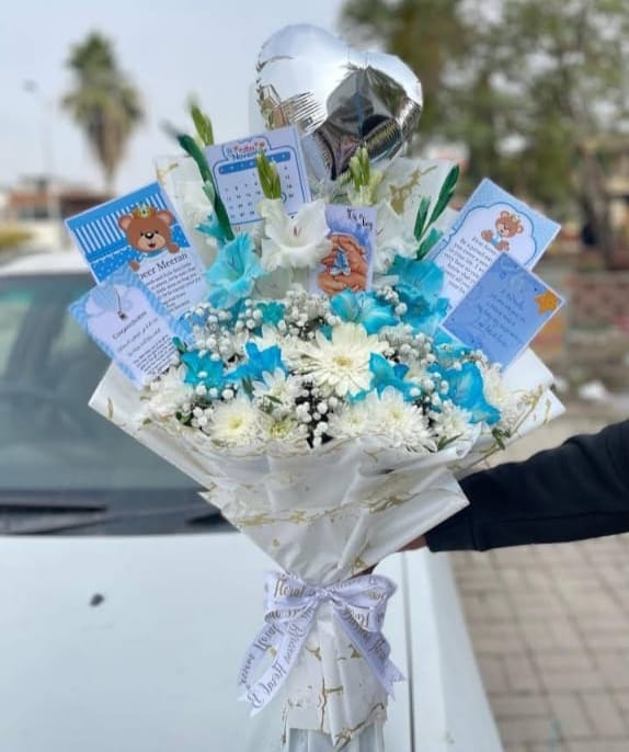 Baby Boy Welcome Flower Bouquet with Balloon & Cards