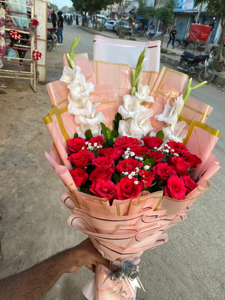 Red Roses and White Gladiolus Elegant Bouquet