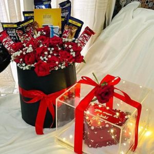 Crimson Indulgence Rose, Chocolate & Cake Surprise Hamper